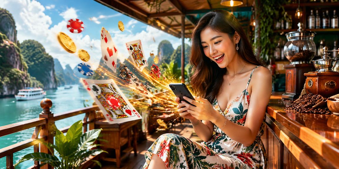 Người dùng tại vịnh Hạ Long thư giãn với card game online bên tách cà phê